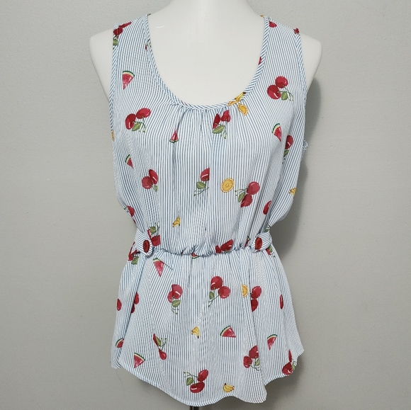 Modcloth Jessy B Lovely Workplace Fruit Stripe Sleeveless Peplum Small Blouse - Picture 4 of 8